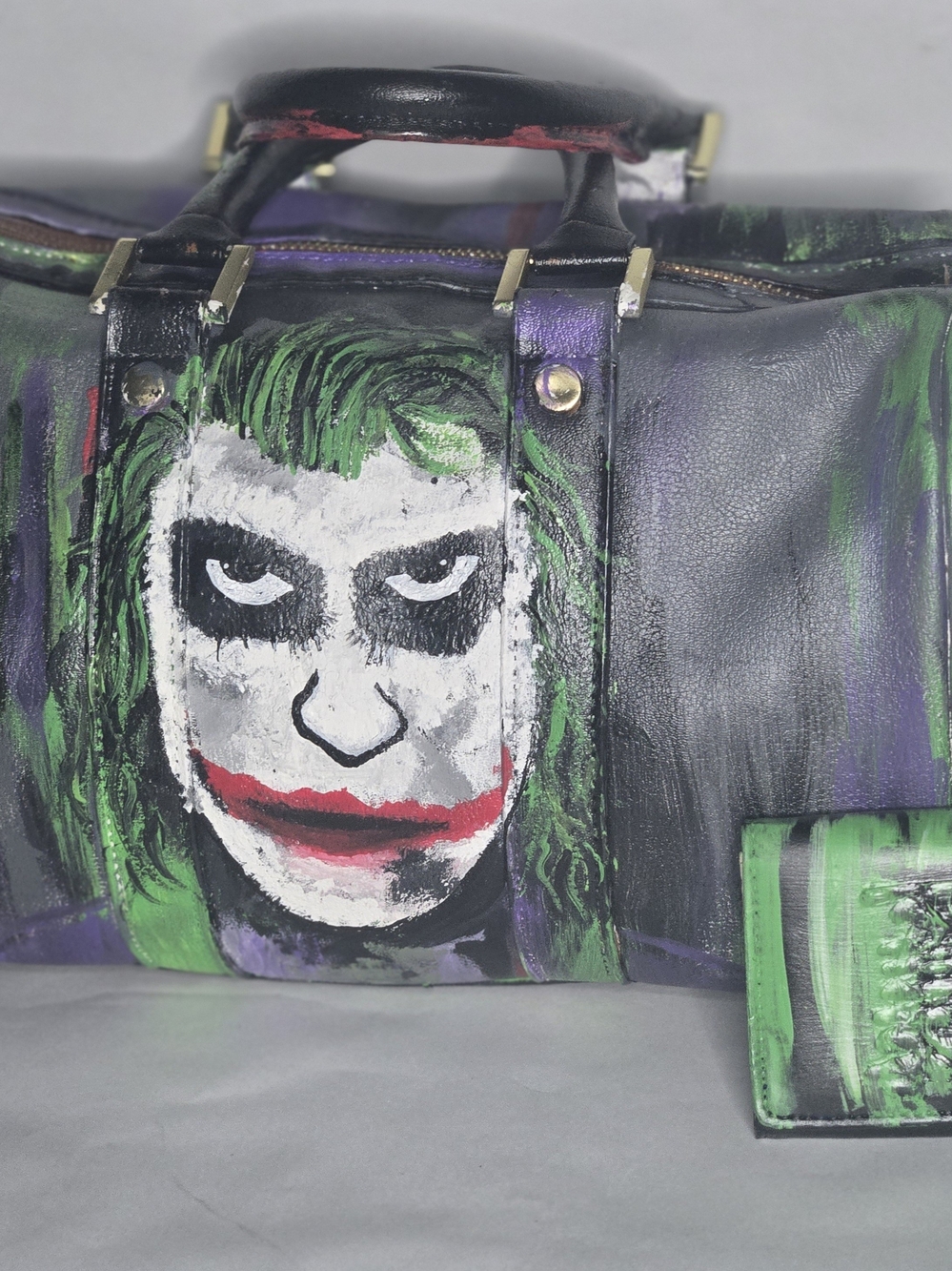 Hand-Painted Joker Leather Tote with Green and Purple Accents
